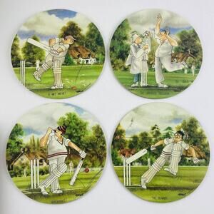 Set Of 4 Vintage MCM Round Hard Placemats Garner Cartoon Game of Cricket beamer